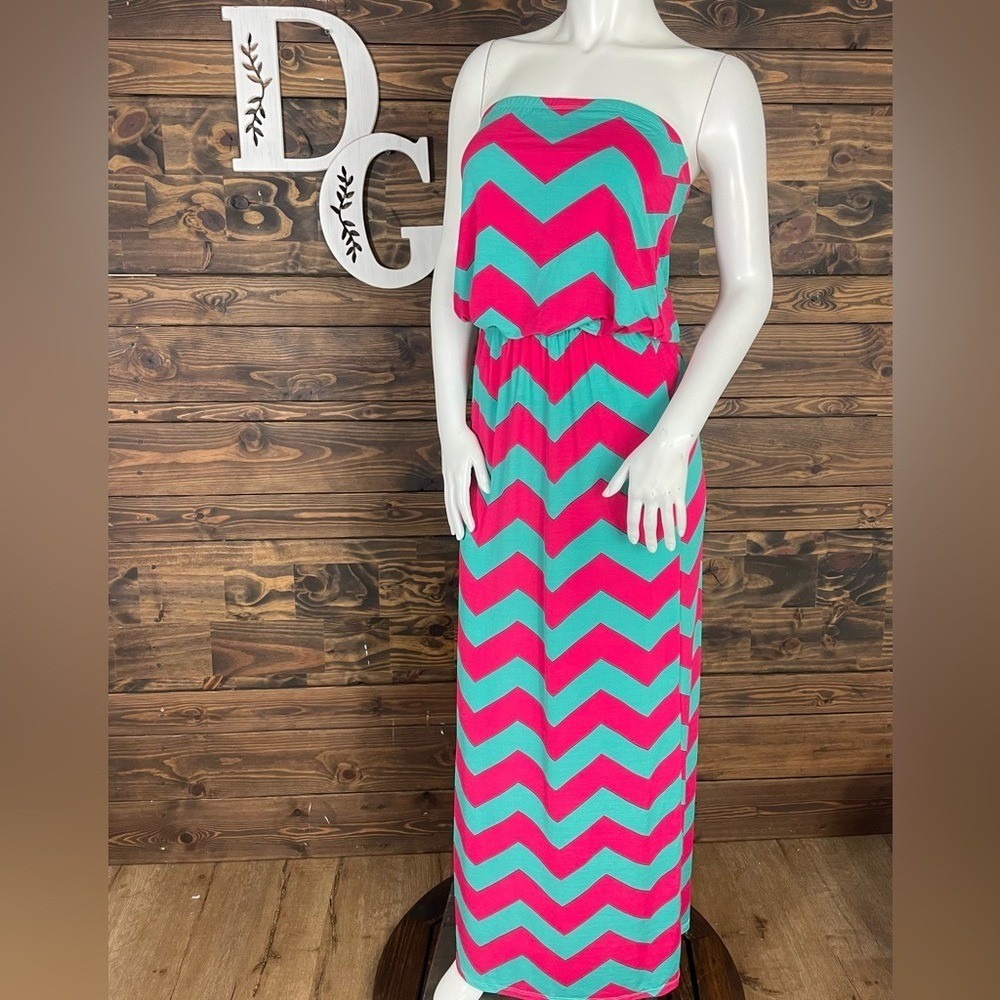 Pink and Teal Green Chevron Strapless Tube Top Maxi Dress